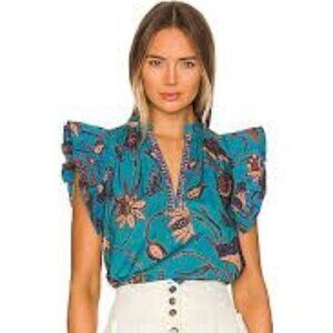 Ulla Johnson Elena Ruffle Sleeve Top in Lagoon Blue Size 12 EUC